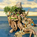 Cartoon Tree Stump Island Scene With Stone Hut Vines Characters Stone Bridge And Water