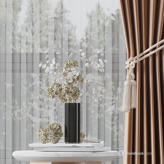 Black Vase With White Flowers And Decorative Branches Near Brown Curtains With Tassels By Window 3d model 
