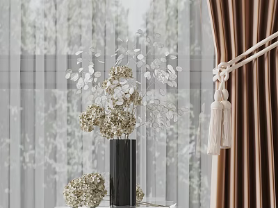Black Vase With White Flowers And Decorative Branches Near Brown Curtains With Tassels By Window 3d model