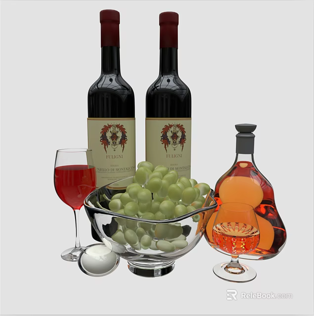 Elegant Red Wine Bottles and Glasses with Green Grapes Brandy Bottle and Glass 3d model 