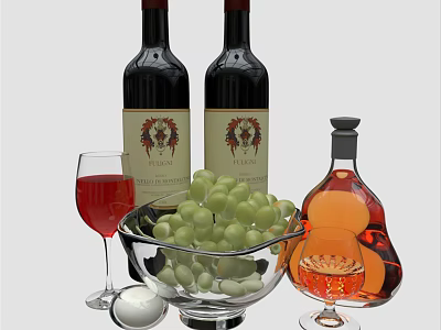 Elegant Red Wine Bottles and Glasses with Green Grapes Brandy Bottle and Glass 3d model