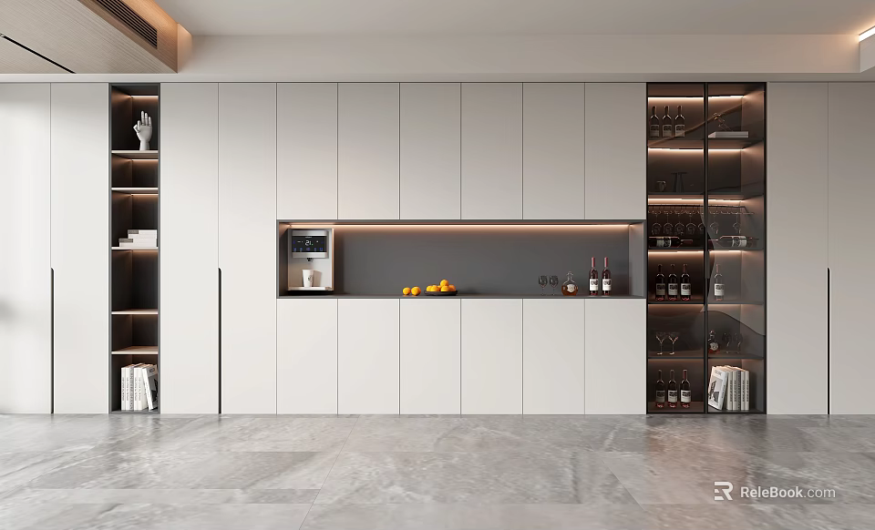 Modern Wine Cabinet With Glass Door And White Cabinets Lighting Wine Bottles And Glasses 3d model 