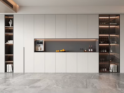 Modern Wine Cabinet With Glass Door And White Cabinets Lighting Wine Bottles And Glasses 3d model