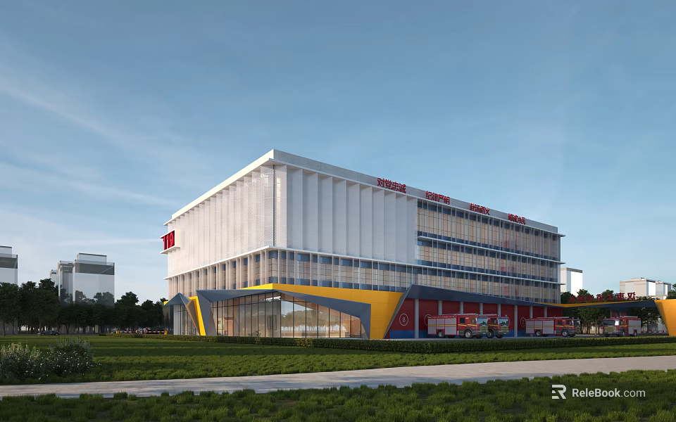 Modern Fire Station Building Exterior Design With White Yellow Red Facade And Fire Trucks 3d model 