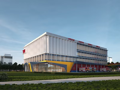 Modern Fire Station Building Exterior Design With White Yellow Red Facade And Fire Trucks 3d model