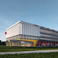 Modern Fire Station Building Exterior Design With White Yellow Red Facade And Fire Trucks