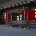 Ancient Architectural Stages With Traditional Roof Red Curtains Lanterns And Figures