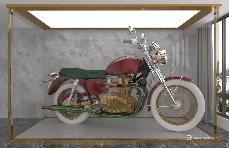 Red And Green Motorcycle Featuring Green Seat Gold Engine In Display Room With Marble Floor 3d model 