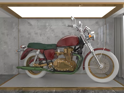 Red And Green Motorcycle Featuring Green Seat Gold Engine In Display Room With Marble Floor 3d model