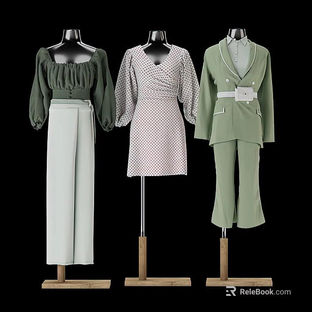 Mannequins Displaying Green Blouse White Wide Leg Pants Polka Dot Dress And Green Suit Set 3d model 