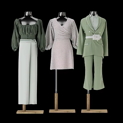 Mannequins Displaying Green Blouse White Wide Leg Pants Polka Dot Dress And Green Suit Set 3d model