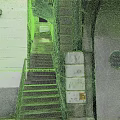 Stone Stairs With Handrail Near Archway And Red Sign Blue Plaque On Building Exterior