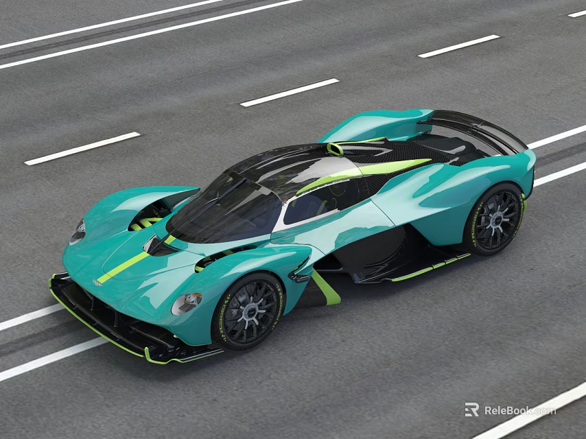 Turquoise Supercar with Sleek Aerodynamic Design and Yellow Accents Cruising on Highway 3d model 