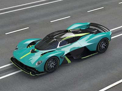 Turquoise Supercar with Sleek Aerodynamic Design and Yellow Accents Cruising on Highway 3d model