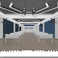 School Modern Classroom Design With White Tables Chairs Blue Curtains And Screens
