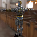Muscular Game And Movie Character With Golden Decorated Armor And Helmet In Temple Hall
