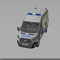 White Police Van With Blue Yellow Stripes And Emergency Lights