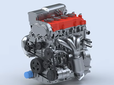 Automotive Engine 3D Model With Red Cylinder Head And Silver Metal Components 3d model