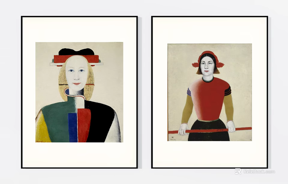 Two Vibrant Portrait Paintings Featuring Figures With Red Headwear Attire And Black Skirt Elements 3d model 