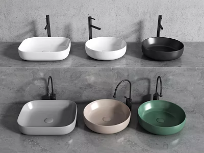 Modern Washbasins In Different Colors And Shapes With Black Faucets On Grey Countertop 3d model