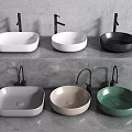Modern Washbasins In Different Colors And Shapes With Black Faucets On Grey Countertop