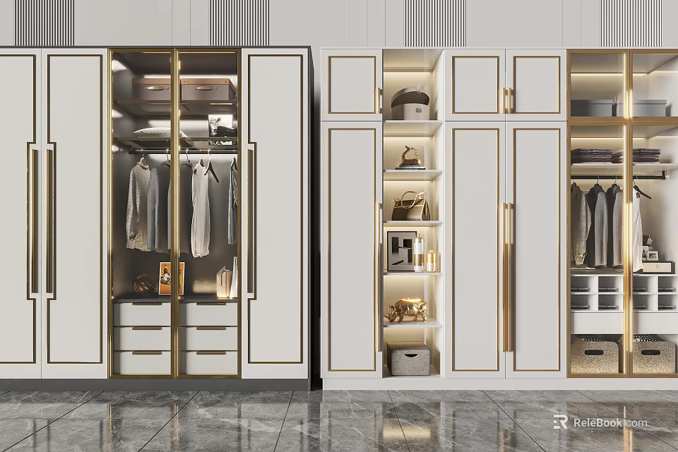 Modern White Gold Trimmed Wardrobe With Hanging Clothes Drawers And Storage Shelves 3d model 