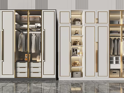Modern White Gold Trimmed Wardrobe With Hanging Clothes Drawers And Storage Shelves 3d model