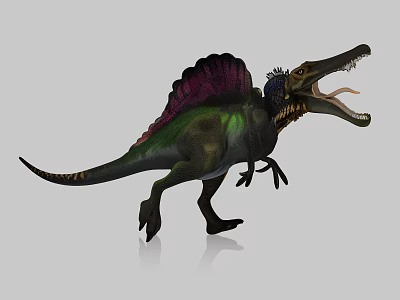Spinosaurus Reptile With Sail Back Green Purple Body Open Mouth Standing Pose 3d model