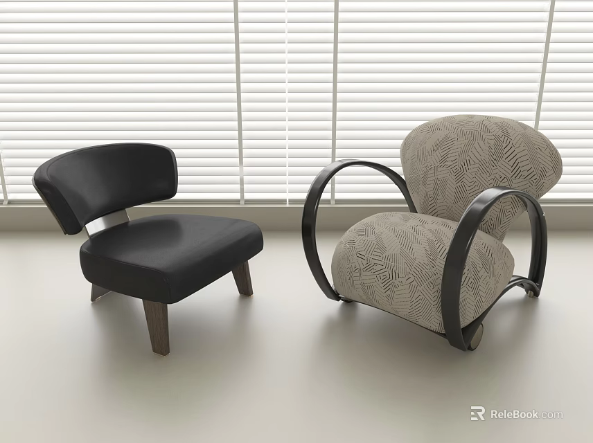 Modern Leisure Chairs with Curved Armrests Black and Patterned Beige Fabric 3d model 