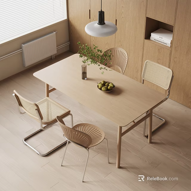 Modern Wooden Dining Table Set With Woven Chairs Vase And Fruit Bowl Interior 3d model 