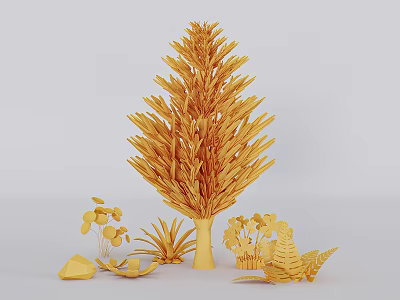 Golden Decorative Tree Sculpture With Small Plants And Stone Ornaments 3d model