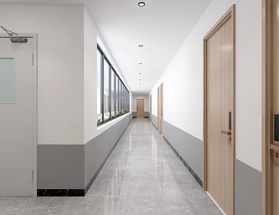 Modern Elevator Hallway Interior With White Walls Wooden Doors And Smooth Gray Floor 3d model