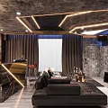 Modern Luxury Living Room Interior Design With Lighting Strips Sofa Bar Counter And Wine Cabinet