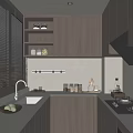 Modern Kitchen Interior With Wooden Cabinets White Countertop Sink Gas Stove And Window Blinds
