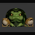 3D Frog Characters With Large Green Frog And Two Small Orange Frogs On Reflective Surface 3d model