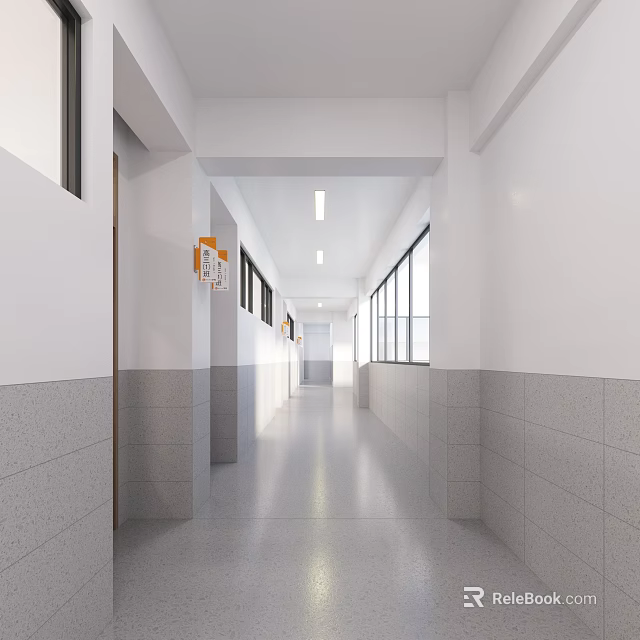 School Corridor With White Walls Gray Floor Tiles Doors Windows And Orange Fire Equipment 3d model 