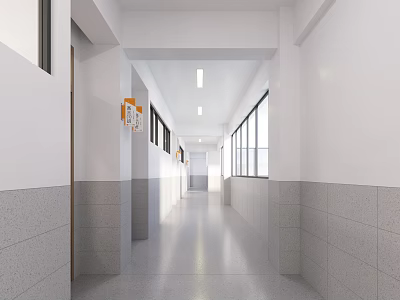 School Corridor With White Walls Gray Floor Tiles Doors Windows And Orange Fire Equipment 3d model