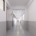 School Corridor With White Walls Gray Floor Tiles Doors Windows And Orange Fire Equipment