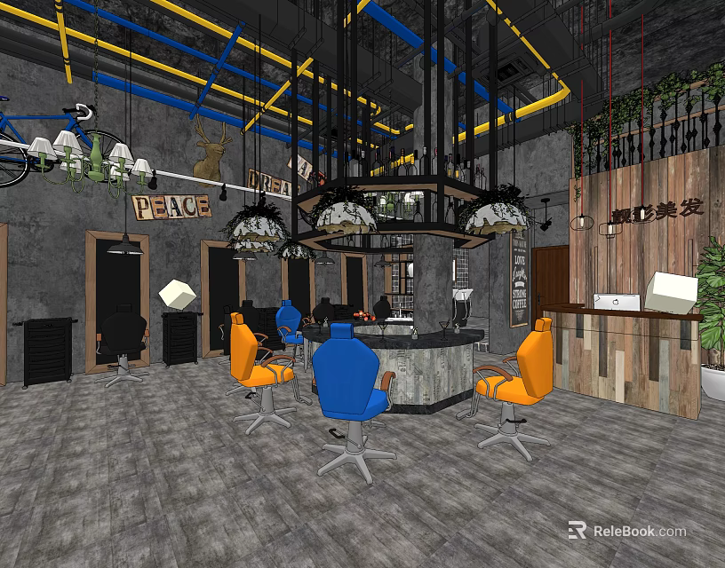 Modern Hair Salon Interior With Orange Blue Chairs Chandeliers Industrial Ceiling And Decorative Signs 3d model 