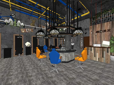 Modern Hair Salon Interior With Orange Blue Chairs Chandeliers Industrial Ceiling And Decorative Signs 3d model