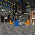 Modern Hair Salon Interior With Orange Blue Chairs Chandeliers Industrial Ceiling And Decorative Signs
