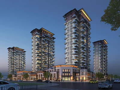 Modern High rise Residential Buildings With Chinese Style Roofs Night Lighting And Surrounding Trees 3d model