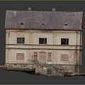 Old Two Story Building With Dilapidated Exterior Dark Roof And Peeling Walls