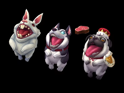 Cartoon Animal Characters With Open Mouths Crown And Holding Food Meat Piece 3d model