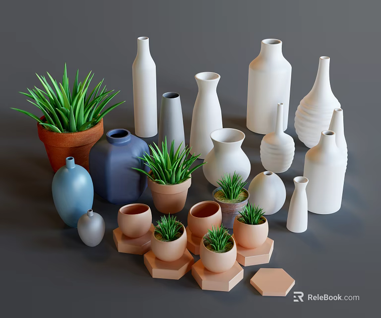 Bonsai Potted Plants With Assorted Colored Pots And Green Foliage 3d model