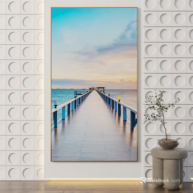 Coastal Landscape Painting With Long Wooden Pier Extending Into Sea And Vibrant Sunset Sky 3d model 