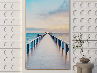Coastal Landscape Painting With Long Wooden Pier Extending Into Sea And Vibrant Sunset Sky 3d model