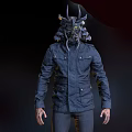 Futuristic Warrior Character With Biomechanical Samurai Helmet Horns Glowing Eyes Dark Coat Buttons Pockets