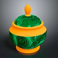 Decorative Jar With Green Malachite Pattern And Orange Lid Base