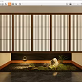 Japanese Style Courtyard Garden With Wooden Lattice Screen Black Pebbles Moss Stones And Hanging Lantern